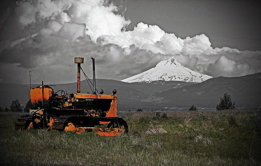 Old Farm Bulldozer,And Mt Hood Digital Art by Fred Loring Old Farm Bulldozer,And Mt Hood Digital Art by Fred Loring
