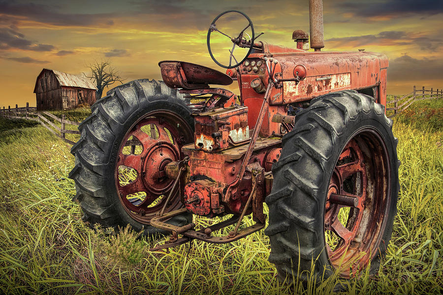 Old Farmall Tractor in a Grassy Field on a Farm with Barn and Fe Photograph by Randall Nyhof