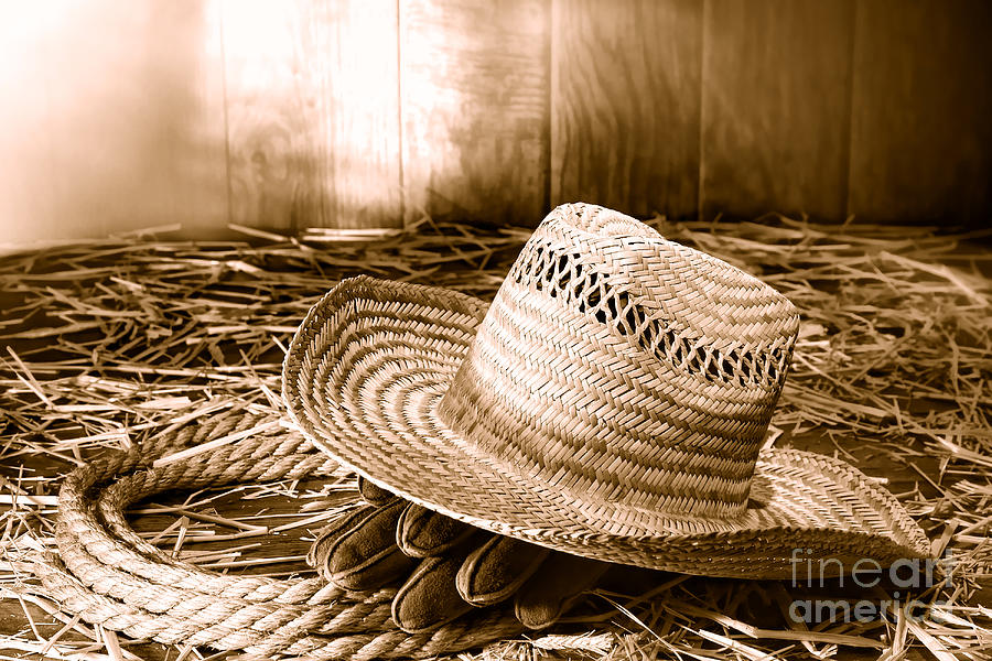 Old Farmer Hat in Hay Barn - Sepia Photograph by Olivier Le Queinec