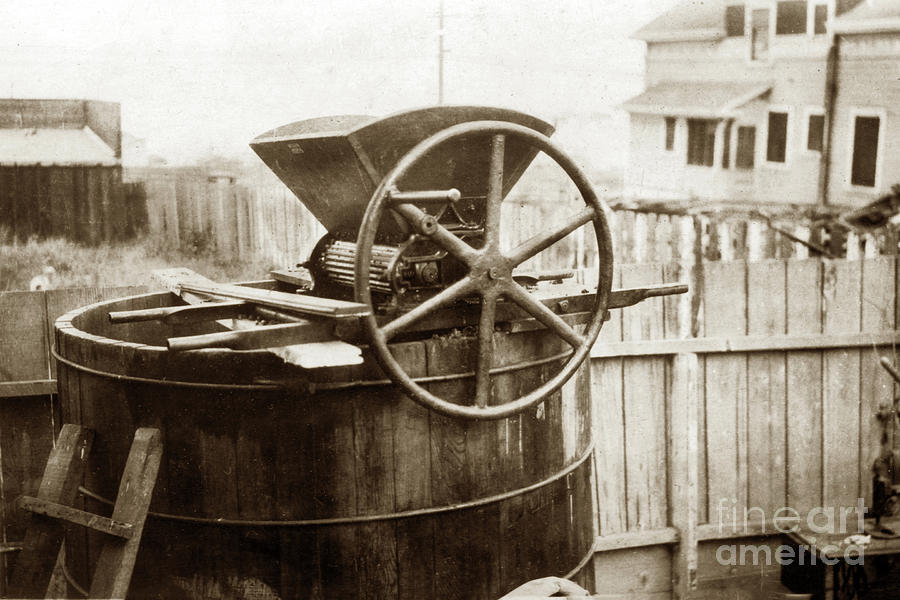 Old Fashion Basket Wine Press With Hand Crank Crusher. 1920 Photograph