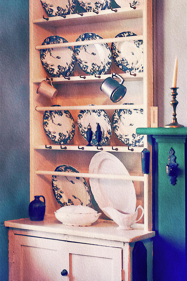 Old fashion rural kitchen shelves Labrador - watercolor Mixed Media by Tatiana Travelways