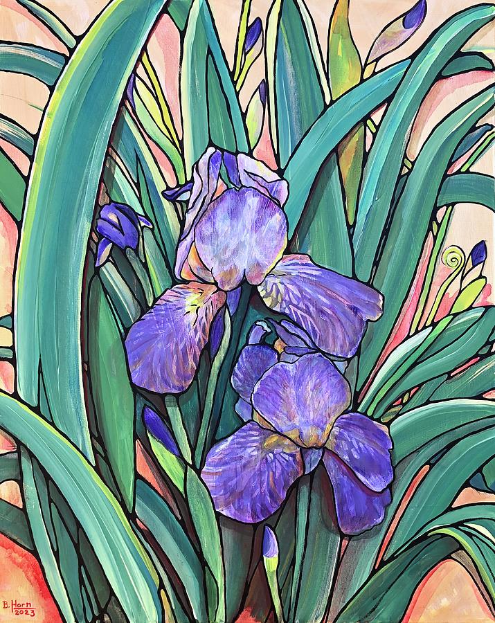 Old Fashioned Purple Bearded Iris Painting by Betsy Horn