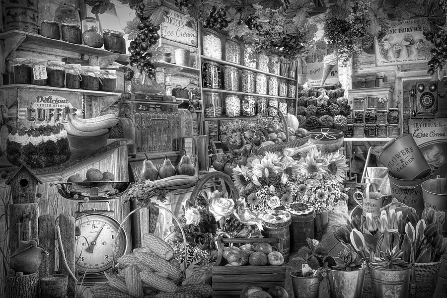 Old Fashioned Sweets and Flower Shoppe in Black and White Photograph by Debra and Dave Vanderlaan
