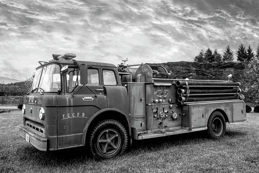 Old Fire Truck in the Country Black and White Photograph by Debra and Dave Vanderlaan