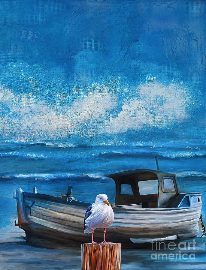 Old fishing boat and seagull  Digital Art by Andrzej Szczerski