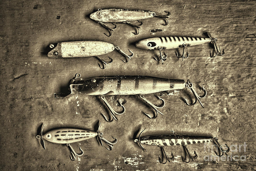 Old Fishing Lures sepia Photograph by Paul Ward