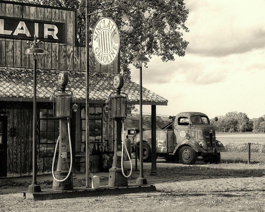 Old Gas Station In Black And White Photograph