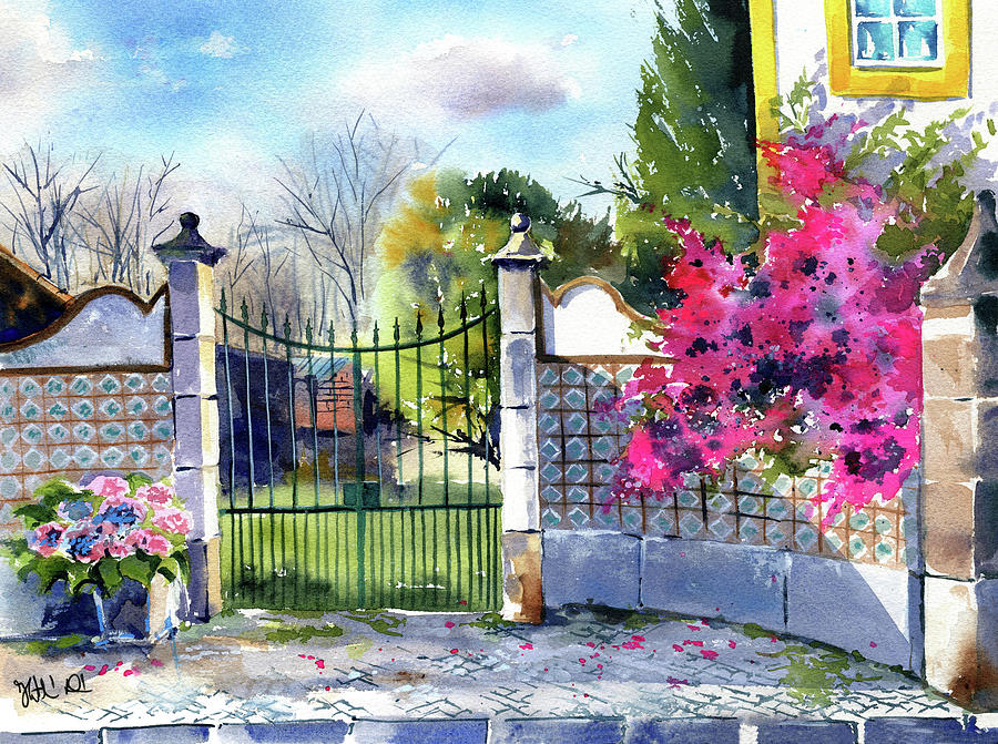 Old Gate In Portugal Painting Painting by Dora Hathazi Mendes