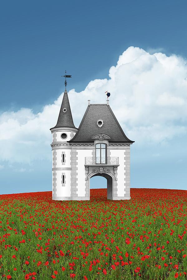 Old gatehouse in a red poppy field in France Digital Art by Moira Risen