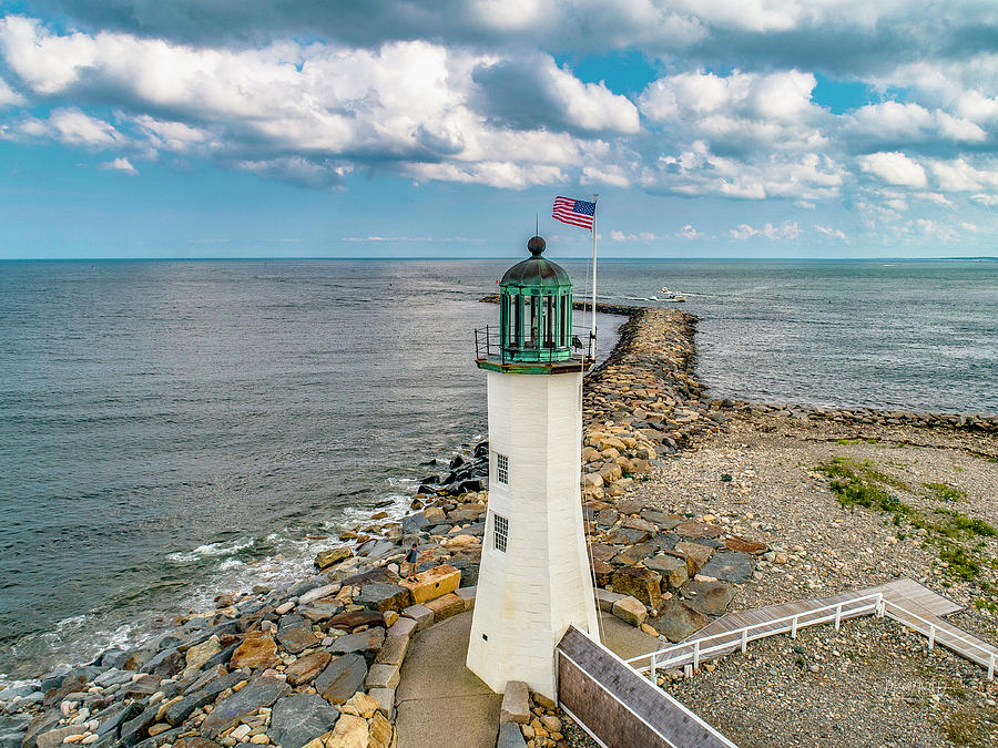 Old Glory and Old Scituate Light Photograph by Veterans Aerial Media LLC