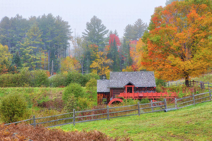 Old Guildhall Grist Mill and Vermont Fall Foliage Photograph by Juergen Roth