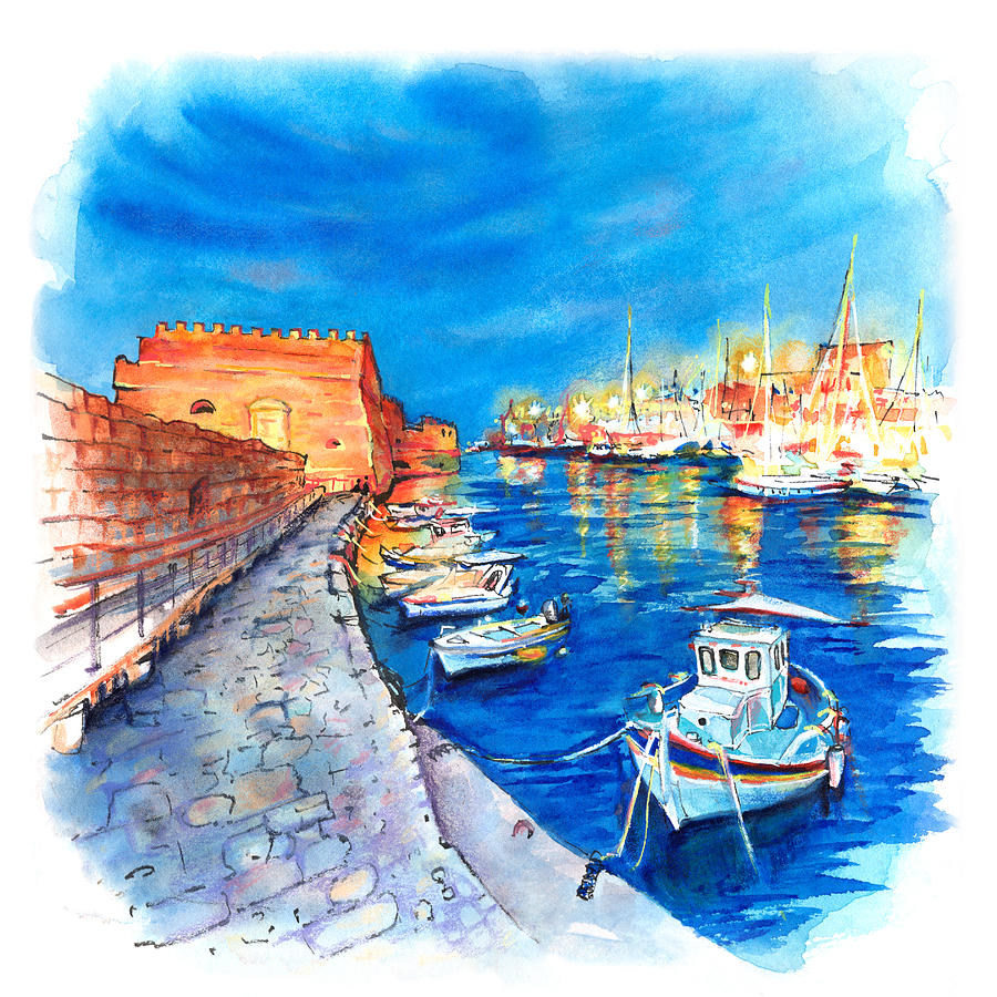 Old Harbour of Heraklion At Night Painting by Miki De Goodaboom