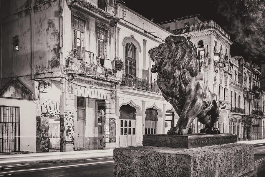 Old Havana at night with the famous lion at El Prado avenue Photograph by Karel Miragaya