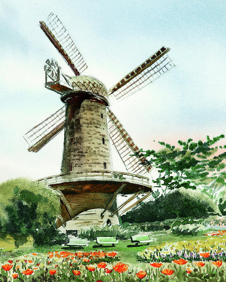 Old Holland Windmill In The Park Watercolor  Painting by Irina Sztukowski