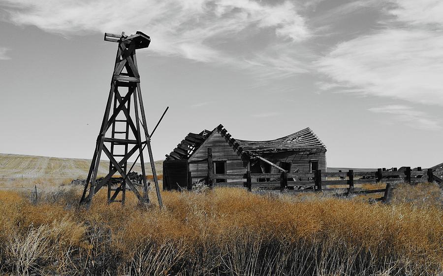 Old Homestead And Wood Windmill  Digital Art by Fred Loring
