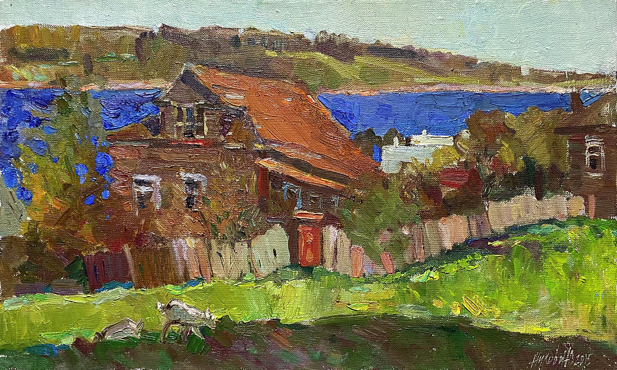 Landscape Painting - Old house by the river by Juliya Zhukova