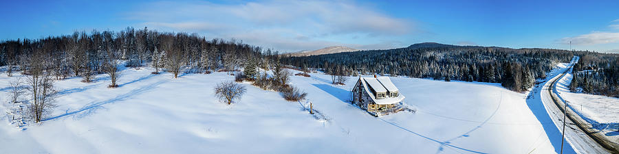 Old House in Pittsburg, New Hampshire Winter Snow and Blue Sky Panorama Photograph by John Rowe