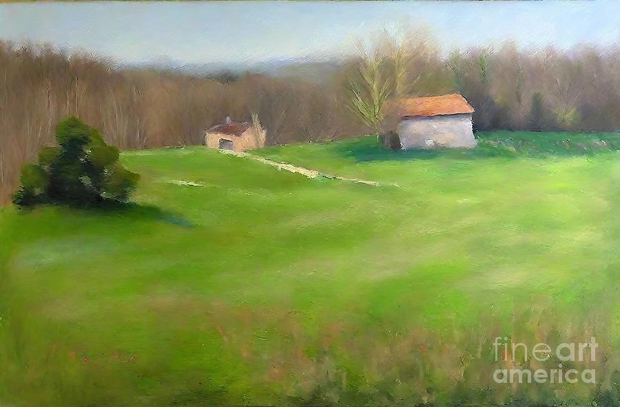 Impressionism Painting - Old Houses in the Limousin countryside Painting limousin vegetation landscape panoramic france alla prima old houses field of grass stone barns impressionism impressionist abstract acrylic air art by N Akkash