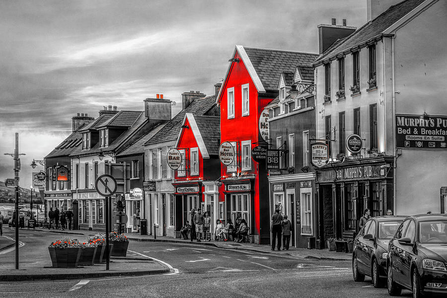 Old Irish Downtown The Dingle Peninsula Black White and Red Photograph by Debra and Dave Vanderlaan