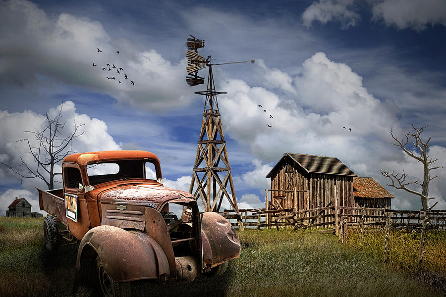 Old Junk Truck for Sale and Wooden Barn with Windmil Photograph by Randall Nyhof