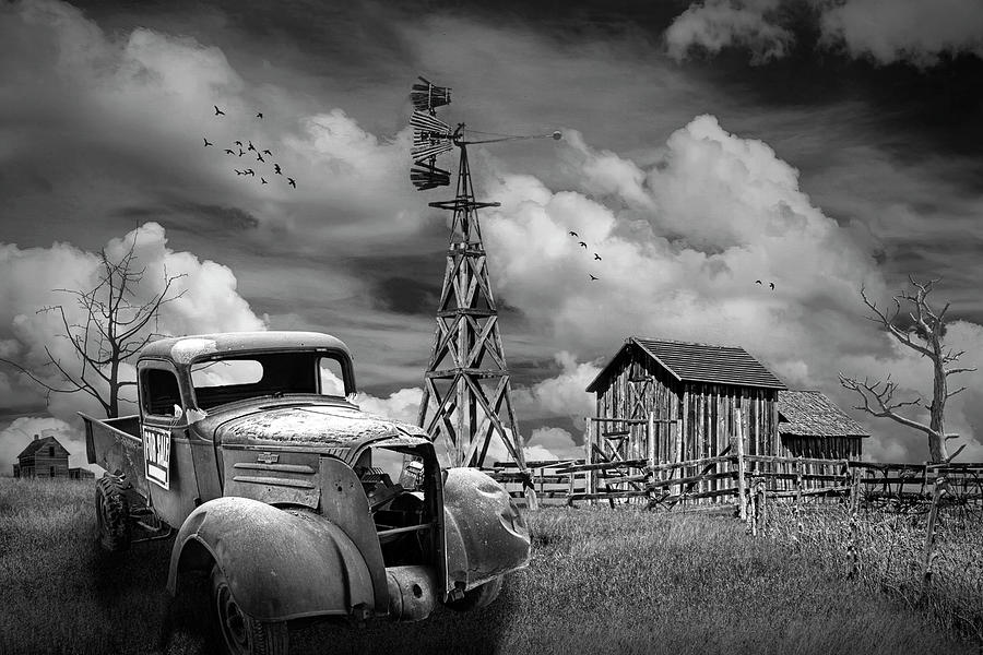 Old Junk Truck for Sale and Wooden Barn with Windmill in Black a Photograph by Randall Nyhof