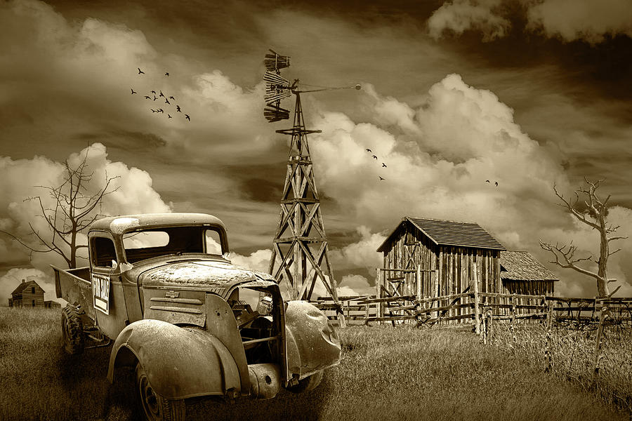 Old Junk Truck for Sale and Wooden Barn with Windmill in Sepia T Photograph by Randall Nyhof