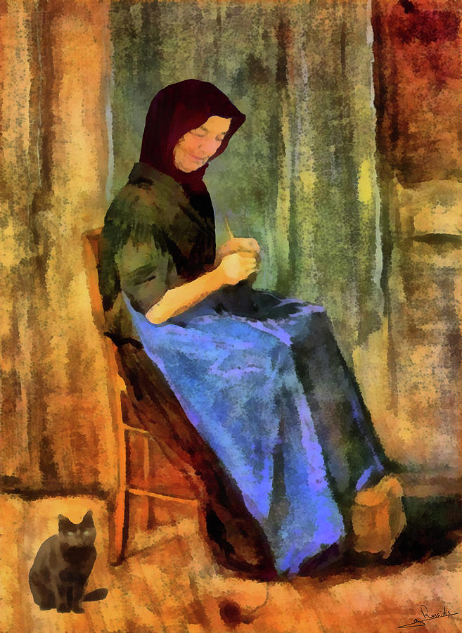 Old lady and cat Painting by George Rossidis