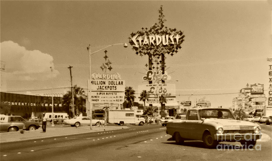 Old Las Vegas Strip Stardust Hotel Casino Classic Cars Scene Las Vegas Blvd 1984 Sepia Color Photograph by John Shiron