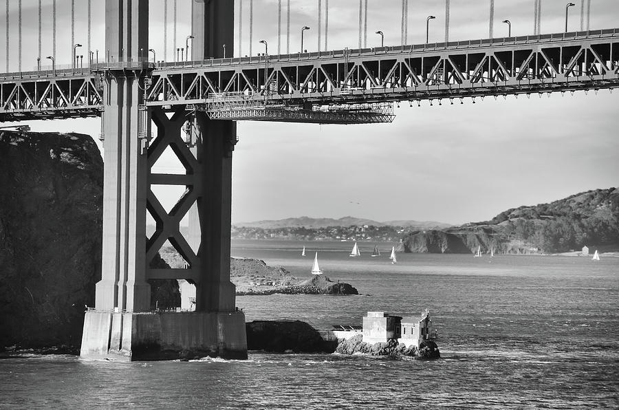 Old Lime Point Fog Station and Sailboats Under Golden Gate Bridge San Francisco Black and White Photograph by Shawn OBrien