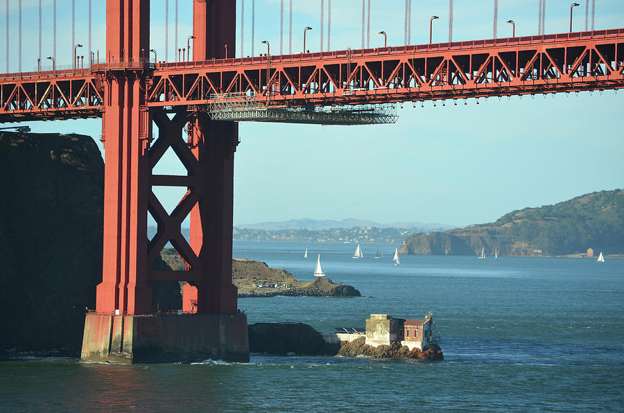 Old Lime Point Fog Station and Sailboats Under Golden Gate Bridge San Francisco Photograph by Shawn OBrien