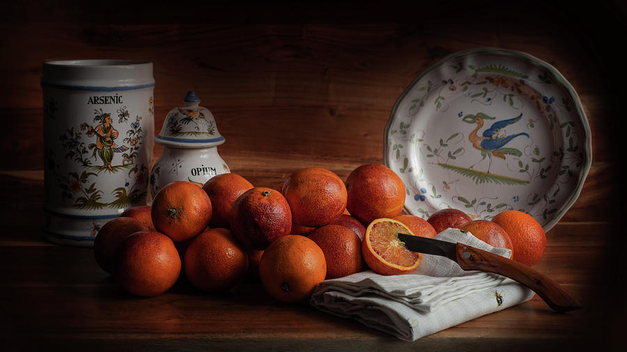 Old Maestra Blood Oranges and French Faience Pottery Photograph by Jean Gill