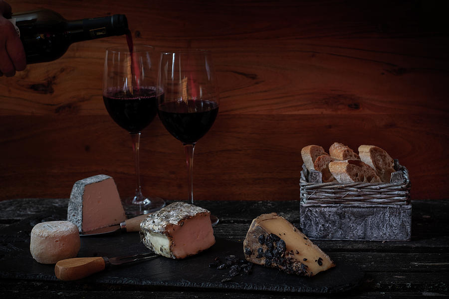 Old Maestra French Cheese and Wine Photograph by Jean Gill