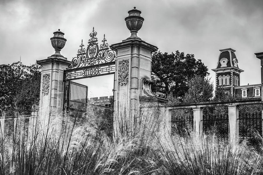 Old Main and Centennial Gate in Black and White - University of Arkansas Photograph by Gregory Ballos
