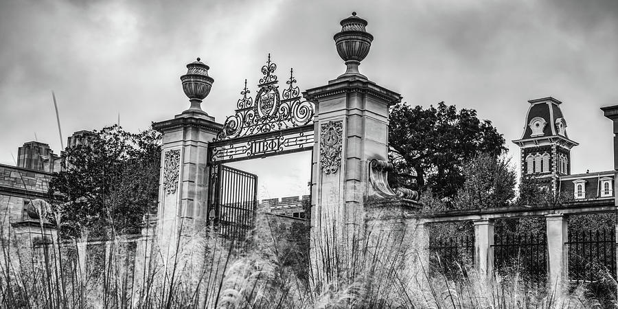 Old Main and Centennial Gate Panorama in Black and White - University of Arkansas Photograph by Gregory Ballos