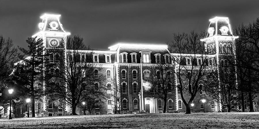 Old Main Night Bw Panorama - University Of Arkansas In Fayetteville Photograph