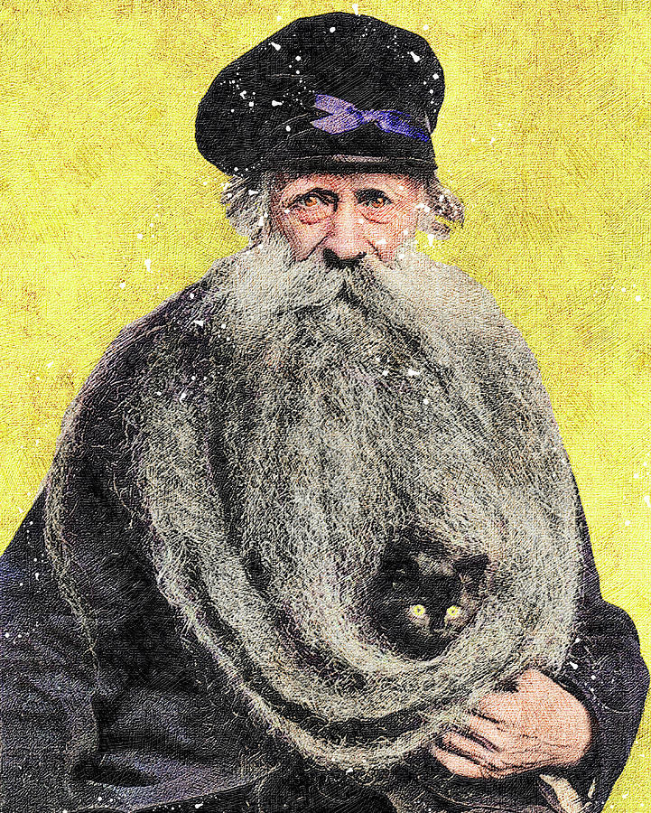 Old Man Holding Kitten In His Beard. Mixed Media by Pheasant Run Gallery