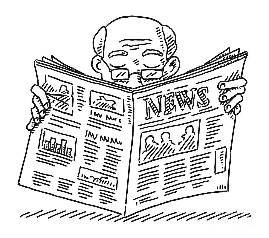 Old Man Reading Newspaper Drawing Drawing by Frank Ramspott - Pixels