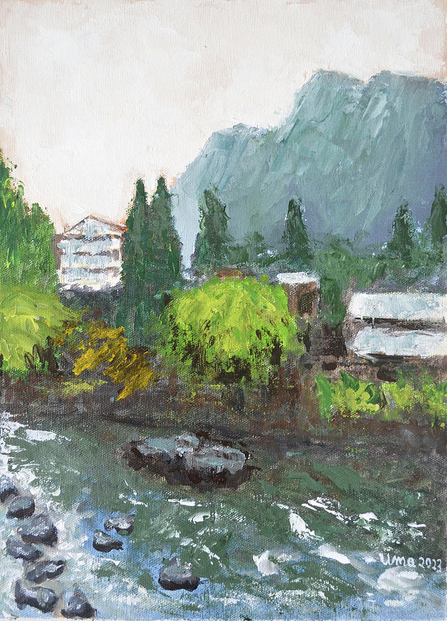 Old Manali - view from the hotel Painting by Uma Krishnamoorthy