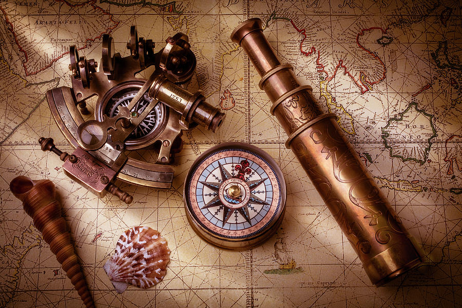 Map Photograph - Old Map And Sextant by Garry Gay