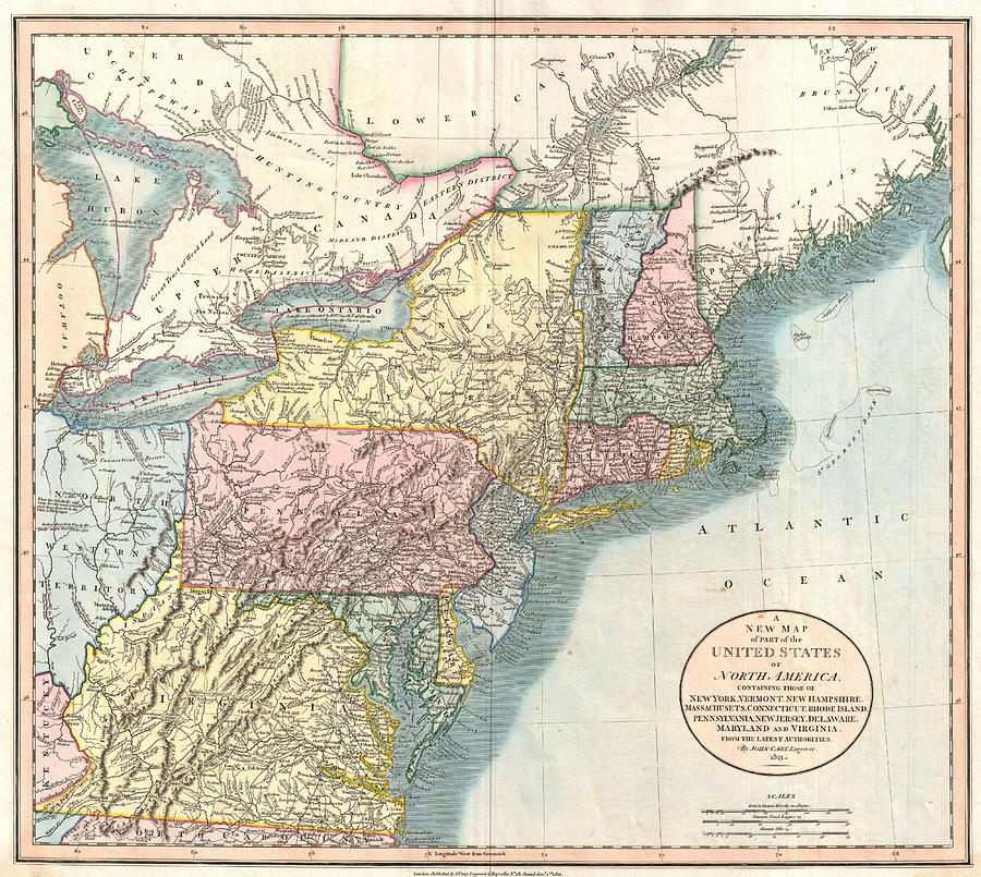 old map of New England New York Pennsylvania and Virginia Drawing by ...