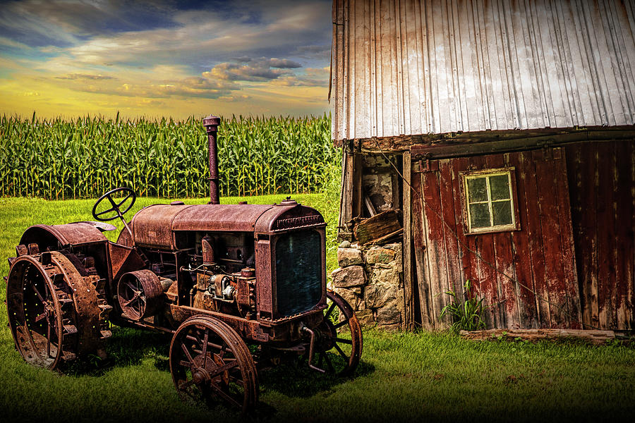 Old McCormic Deering Tractor and Weathered Red Barn by Cornfield Photograph by Randall Nyhof