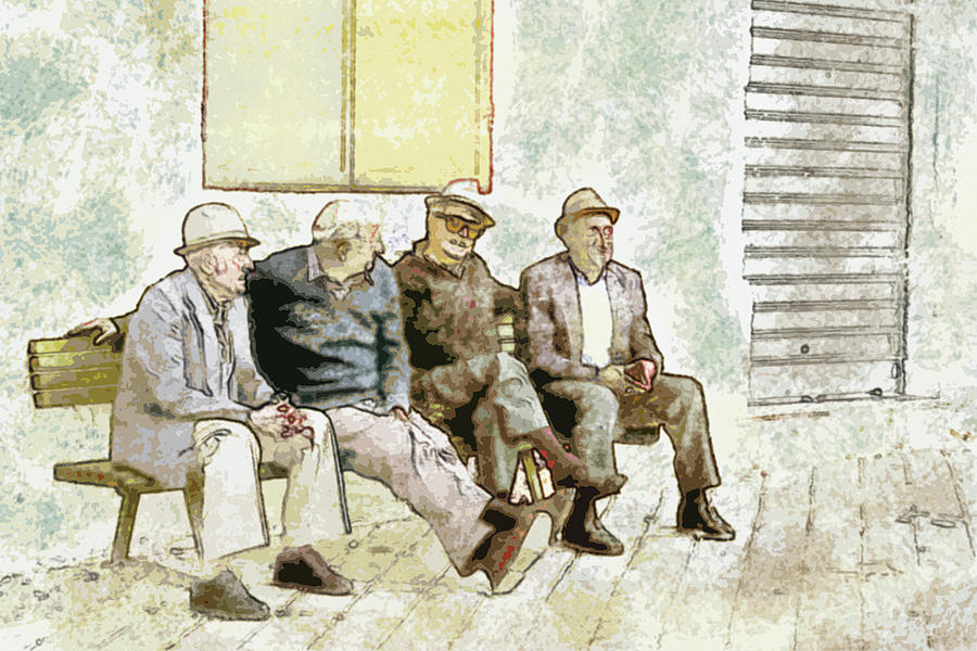 Old Men on Bench Watercolor Digital Art by John Vincent Palozzi