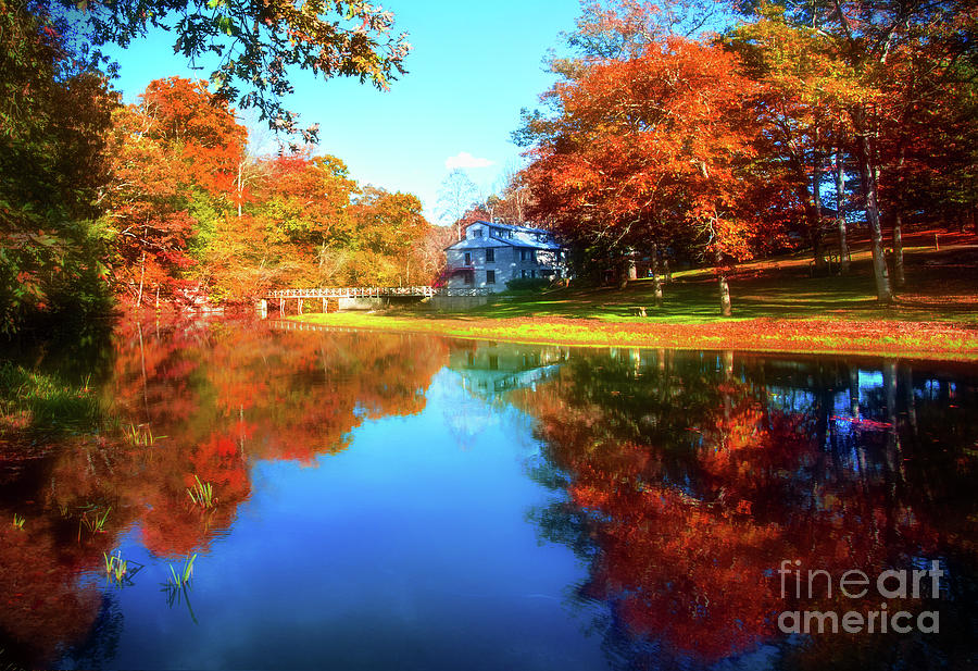 Old Mill House Pond in Autumn Fine Art Photograph Print with Vibrant Fall Colors Photograph by Jerry Cowart