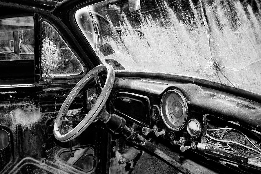 Old Morris Pickup Interior BW  Photograph by Cathy Anderson