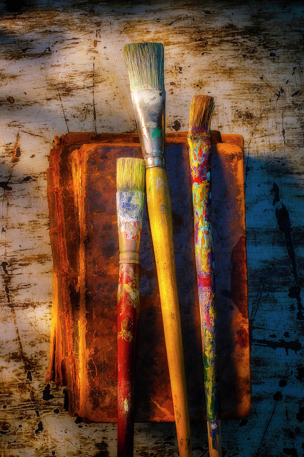 Book Photograph - Old Paint Brushes On Weathered Books by Garry Gay
