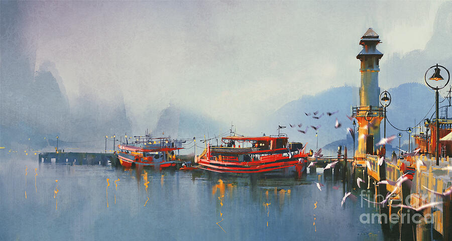 Old pier on calm sea painting Painting by Tithi Luadthong Old pier on calm sea painting Painting by Tithi Luadthong