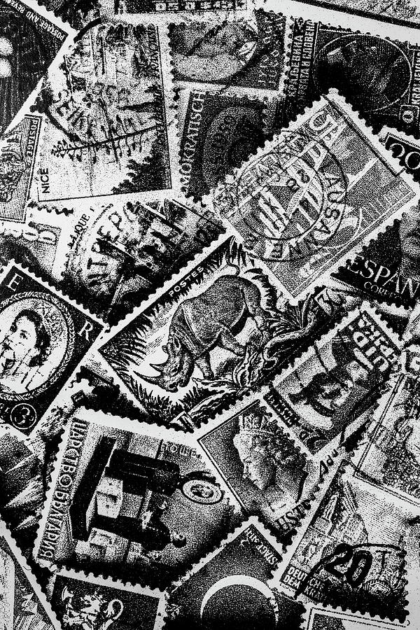 Old Postage Stamps In Black And White Photograph by Garry Gay