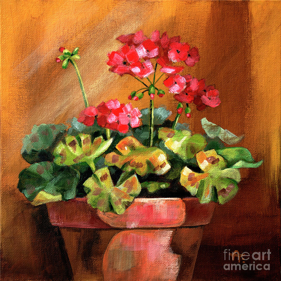 Old Pot - Geranium Painting Painting by Annie Troe