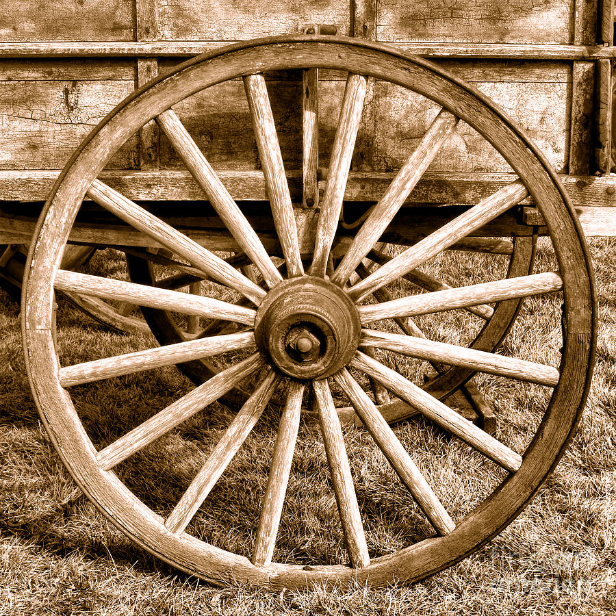 Transportation Photograph - Old Prairie Schooner Wheel - Sepia by Olivier Le Queinec