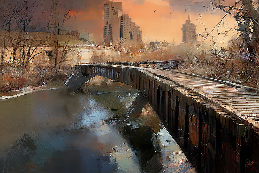 Old Railroad Bridge from Nicollet Island Minneapolis Digital Art by Glenn Galen